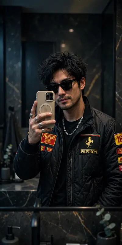Create a hyper-realistic mirror selfie of me, using my uploaded face, tousled black hair, wearing black sunglasses, a black Ferrari racing jacket
