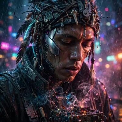 blade-runner-inspired cinematic style portrait of a cyber-shaman chanting over circuit incense, half-lit by the city's glow. Rain-streaked neon