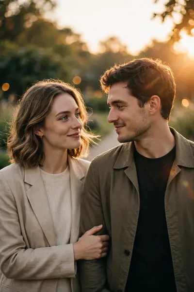 Turn this couple photo into a cinematic romantic editorial portrait of the couple walking closely together, with the woman gently holding the man’s