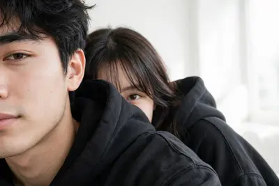 Ultra-realistic casual close-up couple selfie, only half of the young man’s face visible on the left side of the frame while the young woman hides