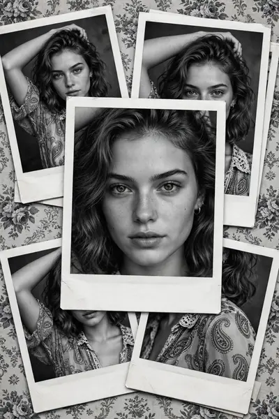 Turn this photo into an ultra-realistic black-and-white Polaroid collage portrait of the same woman, same face as the uploaded photo. Confident pose