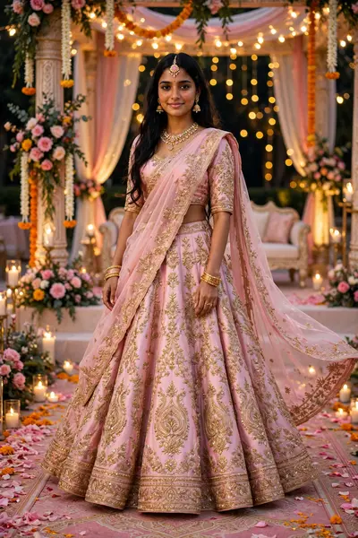 A beautiful young Indian woman wearing a luxurious pastel pink lehenga with heavy golden embroidery, matching blouse and elegant flowing dupatta