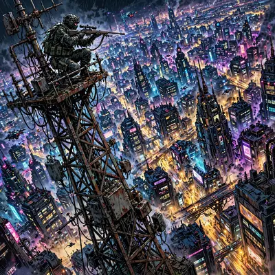 Sweeping neon-drenched comic art style vista featuring a sniper perched on a rusted antenna against the endless megacity. Cold sodium-vapor