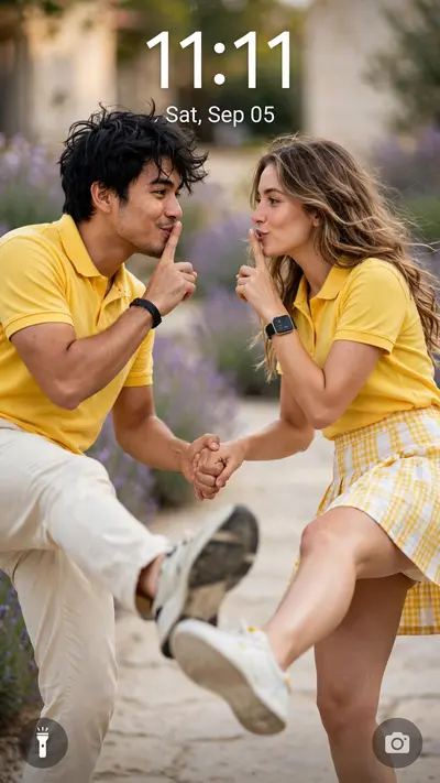 Ultra-realistic Android lock-screen photo, 9:16. Couple facing each other, leaning away, inner hands clasped at the center, free index fingers on