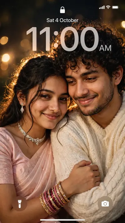 Create a dreamy, ethereal iPhone lock screen screenshot featuring an extreme close-up portrait of a young couple. Preserve the facial identity and