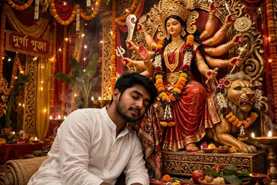 Create a highly realistic premium cinematic Indian devotional portrait using the uploaded real human photo as the primary identity reference