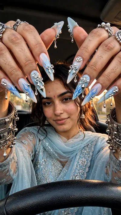 MASTER PROMPT — Ultra-Realistic Bridal Nail Art Car Selfie (9:16) Use the uploaded selfie as the STRICT FACIAL IDENTITY REFERENCE. Preserve the