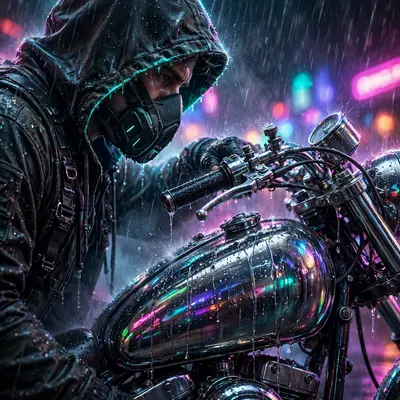 a neon drifter leaning on a vintage motorcycle in sci-fi concept art, rain hammering the neon-drenched streets. Rain-diffused neon bloom carve the