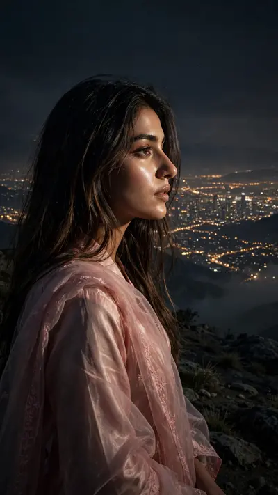 A cinematic, moody vertical shot (9:16 aspectratio) of a person standing on a high mountain or hill viewpoint at night, looking out sideways into the