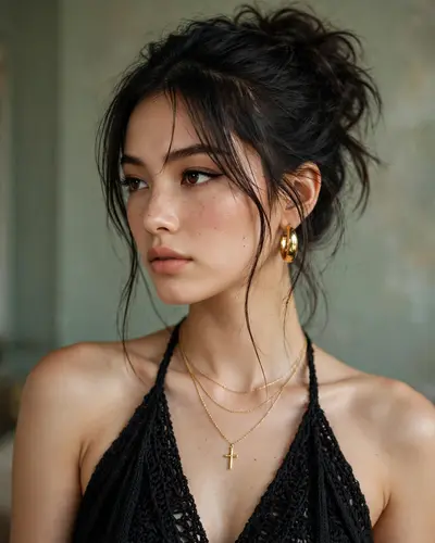 Create an ultra-realistic editorial beauty portrait of a young woman, closely matching the reference image. HAIRSTYLE: Dark espresso-brown/black hair