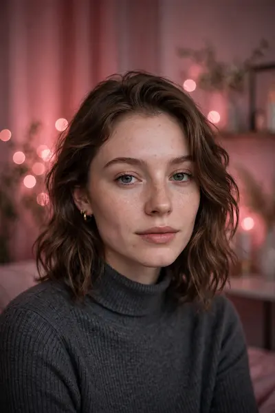 Enhance this image with aesthetic pink blur background Soft lighting +indoor aesthetic room with dim lighting + no changes in facial features + clear