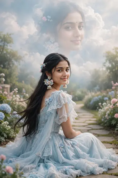 Beautiful young Indian woman, Ultra realistic, wearing a dreamy pastel blue layered princess gown, oversized floral jhumka earrings, tiny black