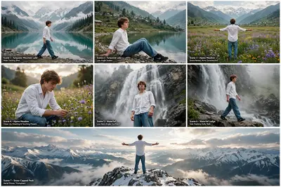 A cinematic ultra-realistic video (16:9) of a young man wearing a premium white full-sleeve shirt, baggy relaxed-fit denim jeans, and black Nike