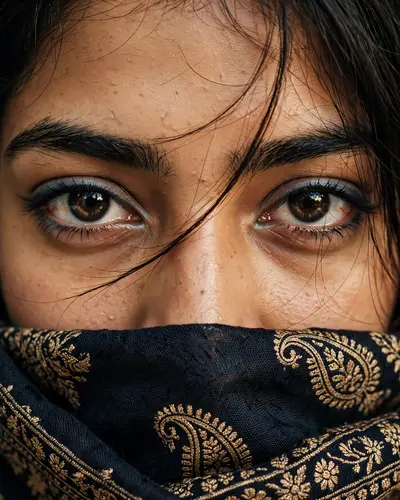 Create an ultra-realistic close-up portrait photograph of a young South Asian woman, framed extremely tightly around her eyes, eyebrows, upper nose