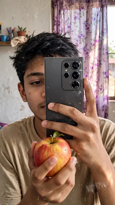 Create an ultra-realistic close-up indoor mirror selfie photograph of a young [BOY/GIRL], captured exactly like a real casual smartphone photo, NOT
