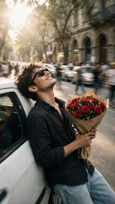 Ultra realistic candid street photo, vertical 9:16. Young South Asian man, natural youthful face, short-to-medium slightly messy dark brown hair
