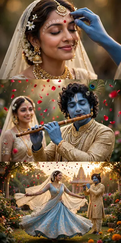 Cinematic video, resolution. Close-up of a beautiful Indian woman wearing heavy traditional gold bridal jewelry, a gold maang tikka, a nose ring, and