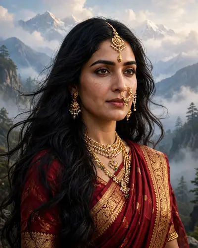 Transform my uploaded photo into a divine Maa Parvati-inspired portrait. Keep my face, identity, facial features and skin tone unchanged and