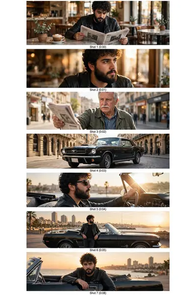 Here are the brief scene-by-scene prompts for recreating the video: * Shot 1 (0:00): Medium shot, cafe interior. Young man with curly hair and beard