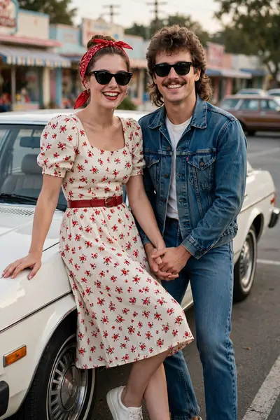 Ultra HD retro 80s couple front pose looking directly at camera smiling -- woman front facing beautiful smile teeth visible red lipstick black