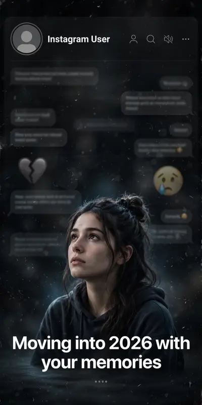 Create a dark, emotional Instagram heartbreak memories edit using the uploaded photo. Keep the person’s face, hairstyle, skin tone, body shape
