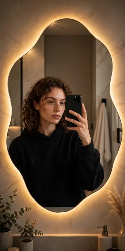 Transform the uploaded mirror selfie into a luxury LED mirror portrait. Replace the existing mitor frame with an elegant irregular organic shape