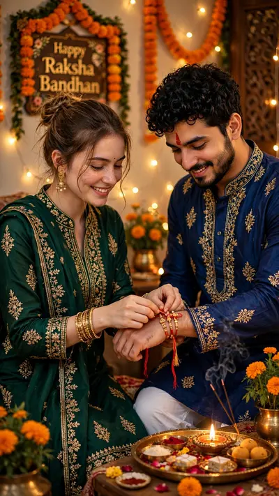 Create an ultra-realistic cinematic vertical 9:16 Raksha Bandhan photo using the two uploaded references. First image = sister, second image =
