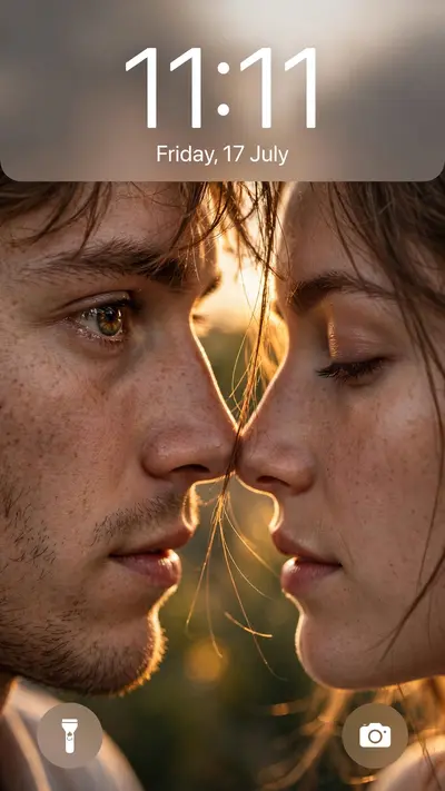 Ultra-realistic iPhone lockscreen wallpaper, extreme close-up of couple faces, only one eye each visible — boy eye fully open, girl eye slightly