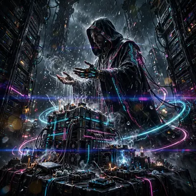 High-octane high-contrast digital cyberpunk art artwork of a data priest blessing a server shrine, motion frozen amid the storm. Low-key chiaroscuro