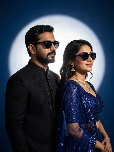 A cinematic studio portrait of an Ind ian couple, The man is wearing a modern blac k designer sherwani with subtle em broidery and dark sunglasses