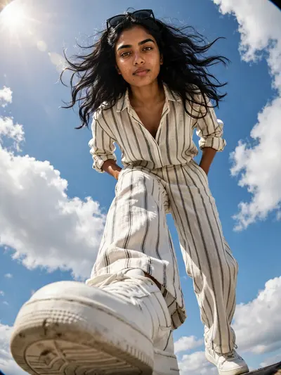 Ultra-realistic full-body portrait of the SAME young South Asian woman captured from an extreme low-angle, ultra-wide () perspective, as if the
