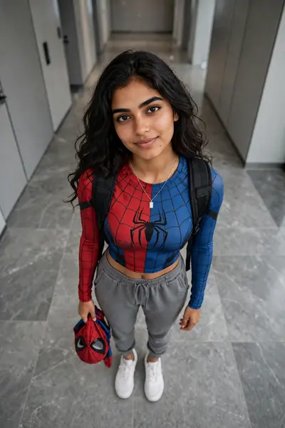 A high-angle, full-length shot of a young, athletic South Asian woman with long, voluminous dark hair styled in soft waves. She is wearing a fitted