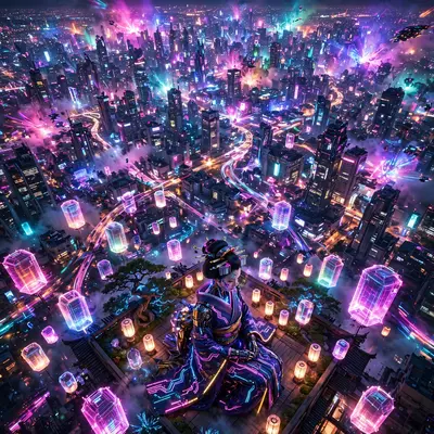 Sweeping cinematic cyberpunk realism vista featuring a cybernetic geisha beneath holographic lanterns against the endless megacity. Strobing