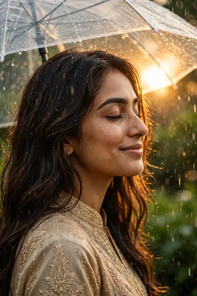 Ultra-realistic DSLR portrait of the same woman, exact face preserved, enjoying gentle monsoon rain under a transparent umbrella. Side profile, eyes