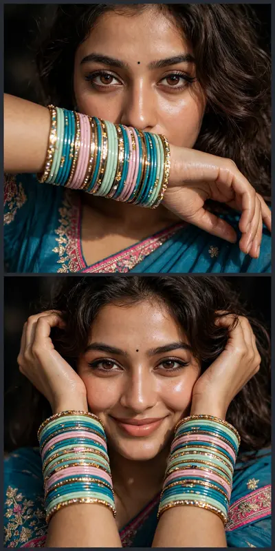 Ultra-realistic close-up beauty portrait of a young South Asian woman wearing a teal blue embroidered saree with pink borders, dozens of turquoise