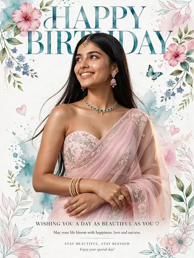 { "style":"Hyper-realistic luxury birthday editorial magazine cover, elegant floral theme, 3:4", "reference_face":"Replace ONLY the woman's face with