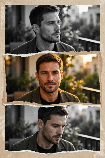 Create a stylish masculine collage portrait using the uploaded photo. Split the image into 3 horizontal torn-paper sections stacked vertically. The