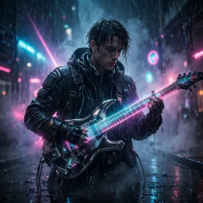 a synth musician playing a laser guitar in blade-runner-inspired cinematic style, rain hammering the neon-drenched streets. Volumetric neon haze