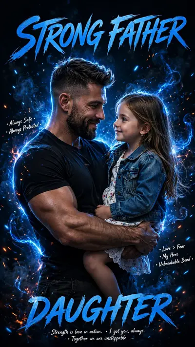 Ultra-realistic cinematic poster design featuring a strong father holding his young daughter lovingly in his arms, emotional bonding moment, both