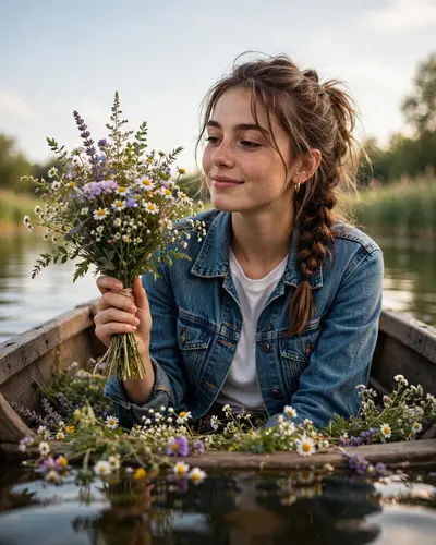 Same face Same outfit: ultrawide. Upper-angle low-angle shot of a young person sitting in the same boat This girl who is sitting in a boat should