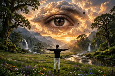 Ultra-realistic cinematic sunset photography, a young man standing from the back in the middle of a vast green meadow surrounded by giant ancient