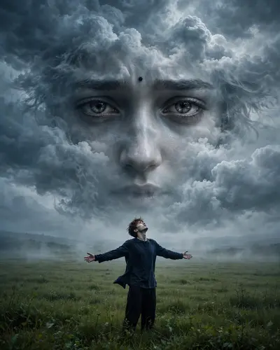 A surreal cinematic digital artwork featuring a lone young man standing in the middle of a vast green grass field under a dramatic overcast sky. He