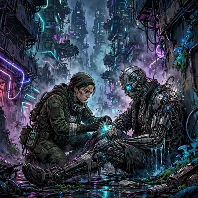 Cinematic frame of a street medic patching a wounded cyborg, rendered in neon-drenched comic art style amid towering megacity blocks. Bioluminescent