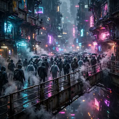 sci-fi concept art depiction of a monsoon-soaked crowd crossing a skybridge, caught between flickering signs and steam vents. Rain-streaked neon