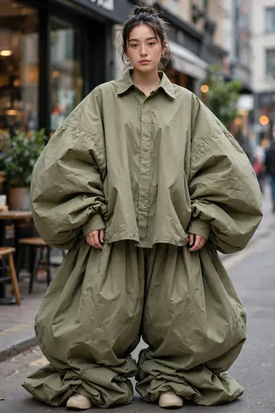 "Automatically transform the clothes on the person in the uploaded photo into an EXTREME oversized, massive, and baggy 'jhula dhala' fashion outfit
