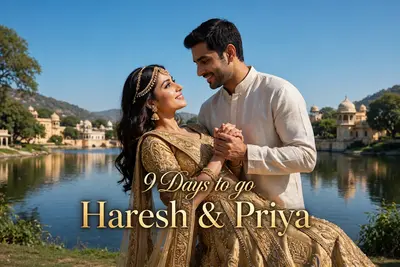 Create a high-resolution, ultra-HD romantic outdoor scene set beside a peaceful lake under a clear, vivid blue sky. A couple dressed in elegant