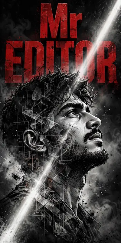 cinematic double exposure portrait poster of a rugged young South Asian man with the exact same facial structure, beard, hairstyle, skin tone, and