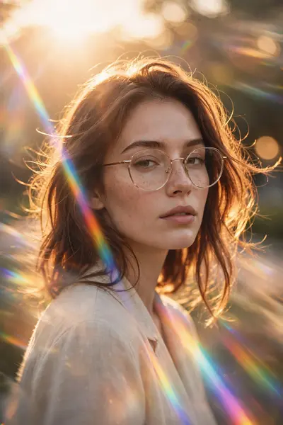 Prompt: Transform this image into a cinematic, dreamy editorial portrait with soft golden-hour lighting. Apply strong backlighting from the sun