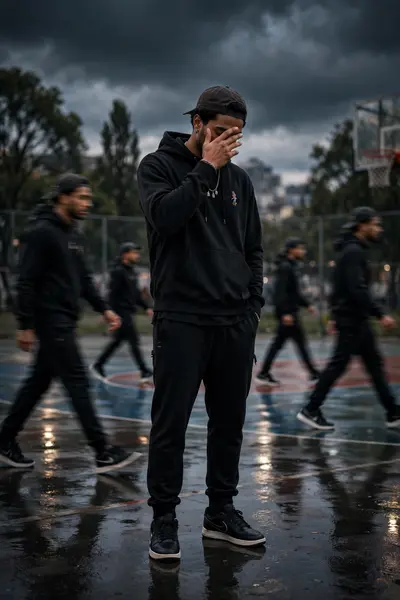 Transform the uploaded reference photo into a cinematic streetwear fashion campaign poster using the exact same person from the reference image