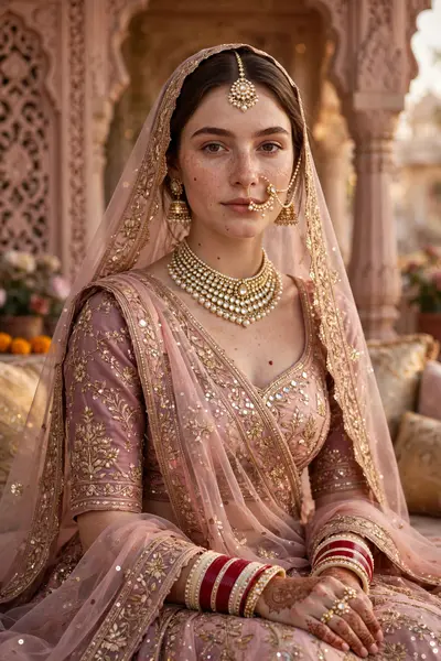 Use the uploaded photo’s face exactly as it is — strictly do not change facial features. Create an ultra-realistic royal Rajasthani bridal portrait